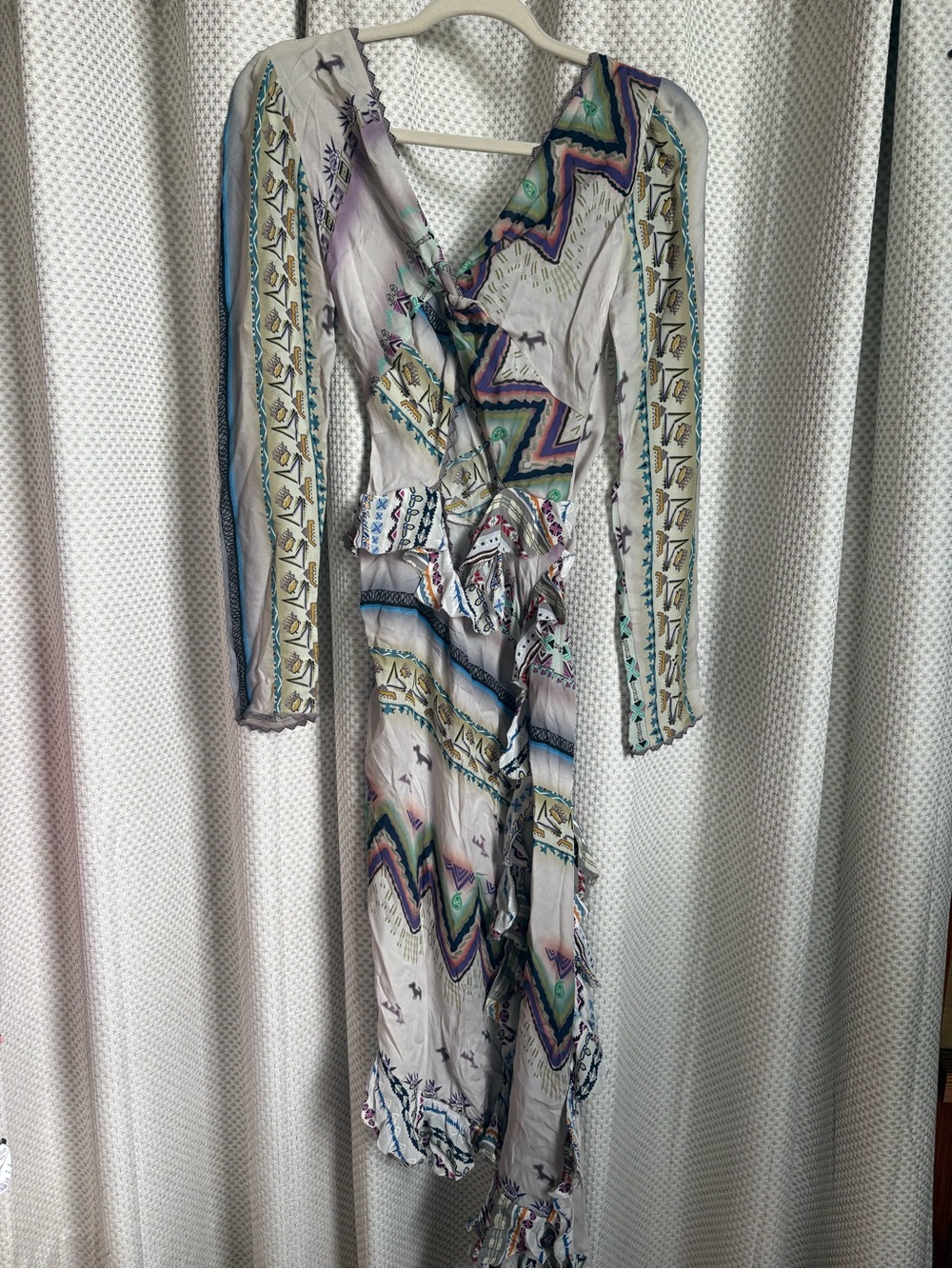ETRO Italian Bohemian Wrap Midi Silk Dress in Pale Gray with Multicolor Print